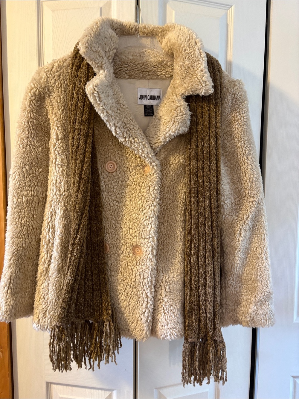 John Caruana Cream Teddy Sherpa Coat with Scarf